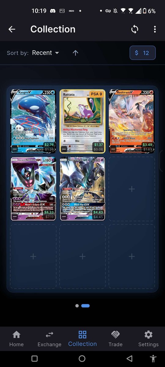 Binder view in card-exchange holding the five cards taken in on the trade — Kyogre V, Rattata, Reshiram V, Dawn Wings Necrozma and Necrozma-GX — in a collection, with the remaining slots empty.