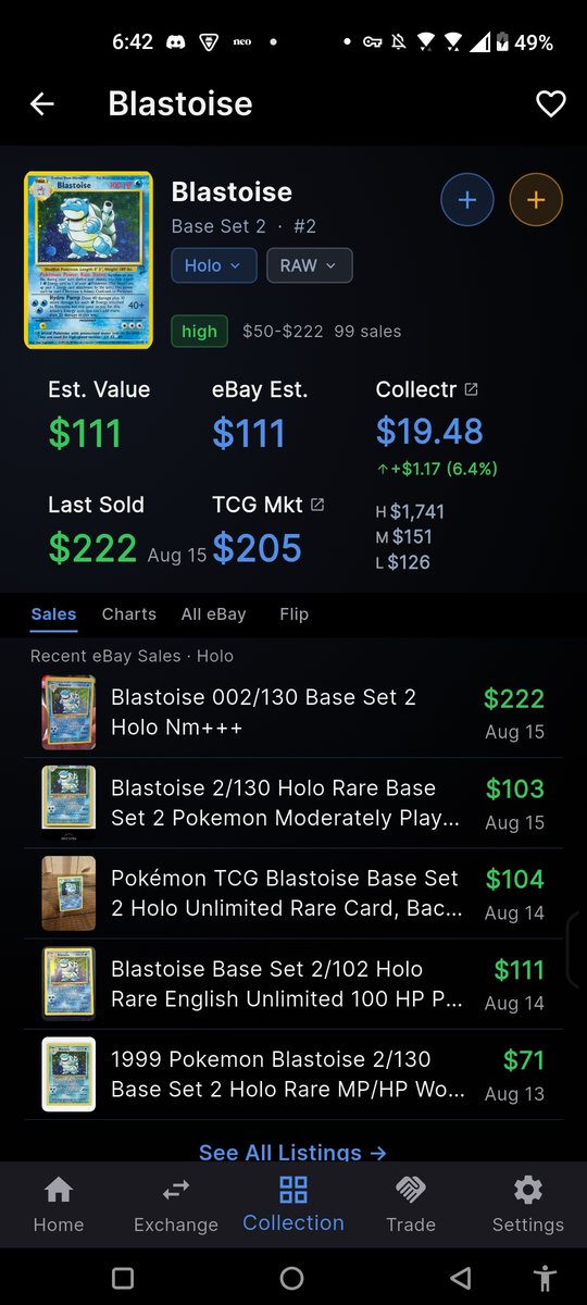 Card detail for a Base Set 2 Blastoise in card-exchange with Holo and RAW selectors, estimated value $111, eBay estimate $111, last sold $222, TCG market $205, and five recent eBay sold listings with real titles and dates.