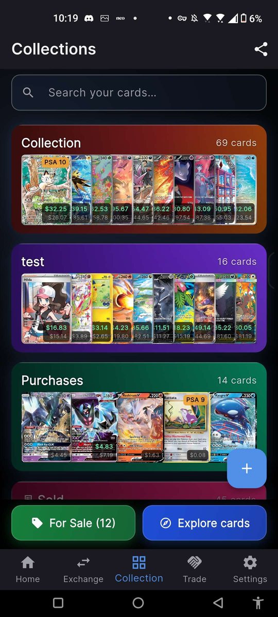 The Collections screen in card-exchange listing several collections, each with a strip of real card thumbnails, a card count and a per-card value, plus a separate For Sale shelf.