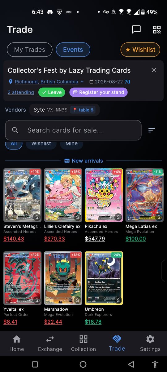 A trade event in card-exchange: the event you have checked into at the top, then a searchable grid of cards for sale from the vendors attending, each tile showing its price and how far it sits from market.