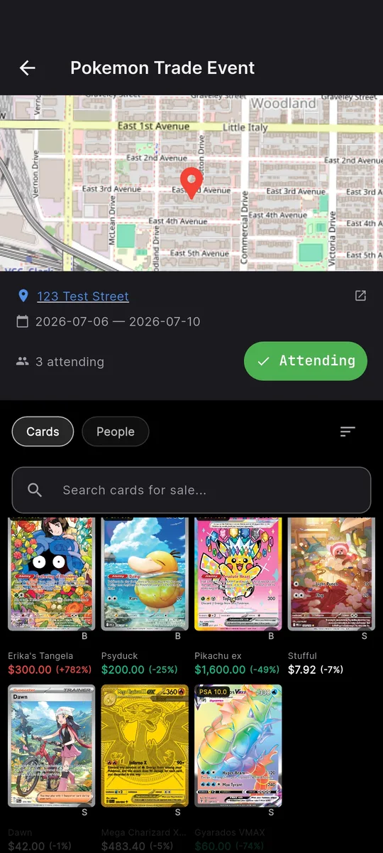 Trade event view in card-exchange listing cards for sale from every vendor at the event