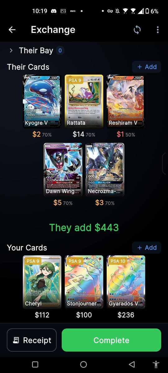 An exchange in card-exchange with their five cards above your three, each priced, and a green settlement line between them reading They add $443.