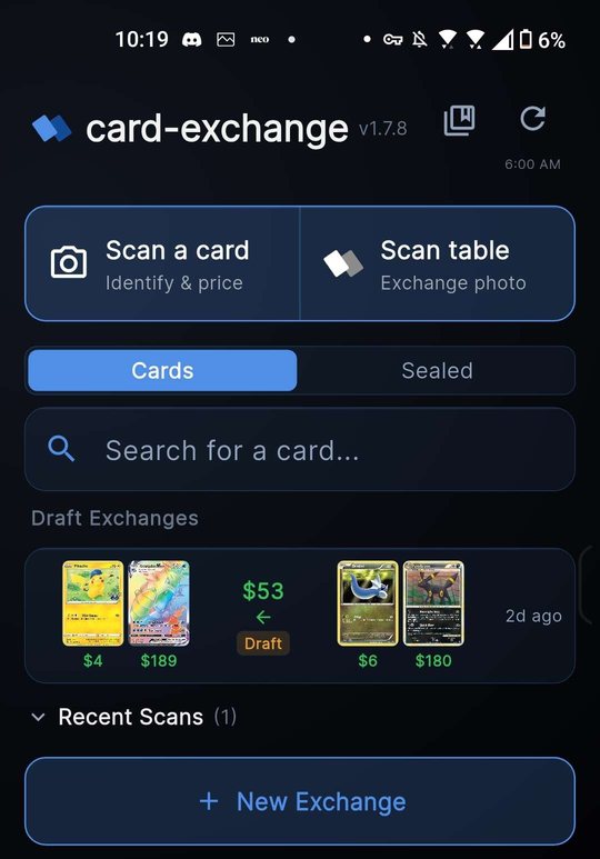 The card-exchange home screen with a Scan a card button beside a Scan table button, a card search field, and a draft exchange listed below.