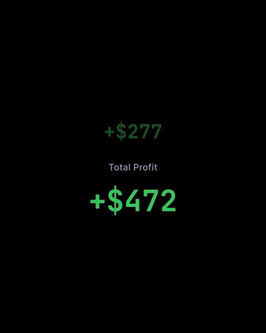 A running profit total of plus $472 shown large on a black screen in card-exchange.