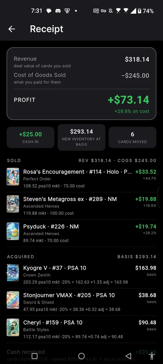 Auto-generated exchange receipt in card-exchange itemising every card traded with its cost basis