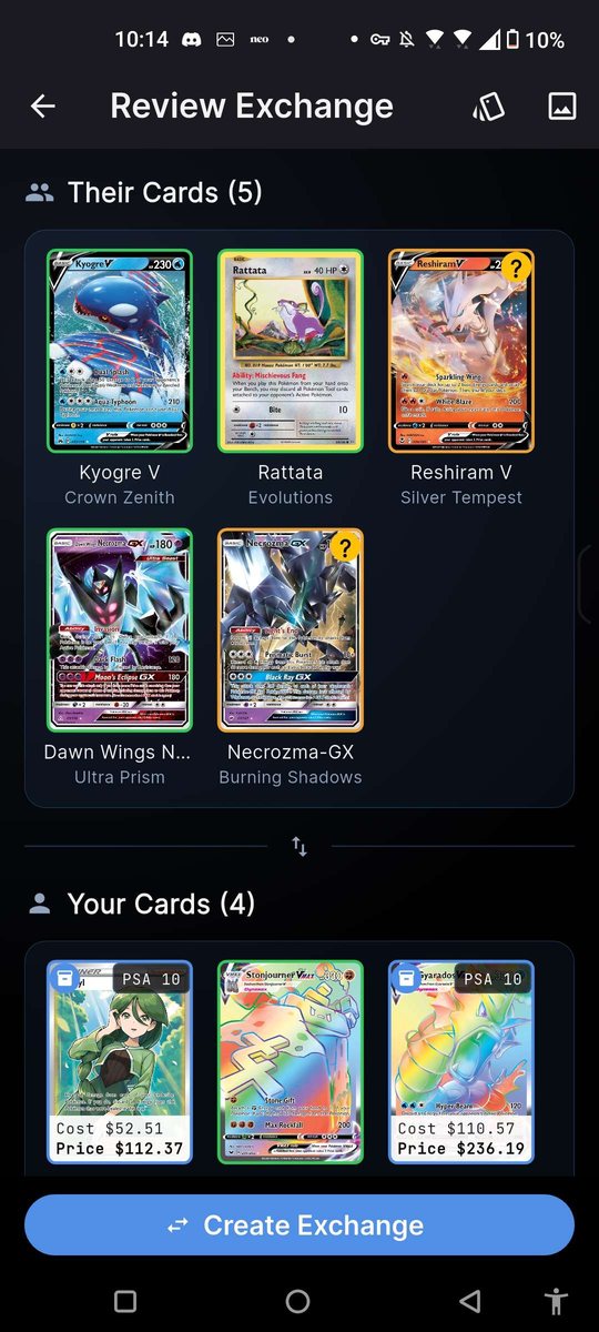 The Review Exchange screen in card-exchange: five of their cards above four of yours, each identified with its set, two of them carrying a question badge marking them for review.